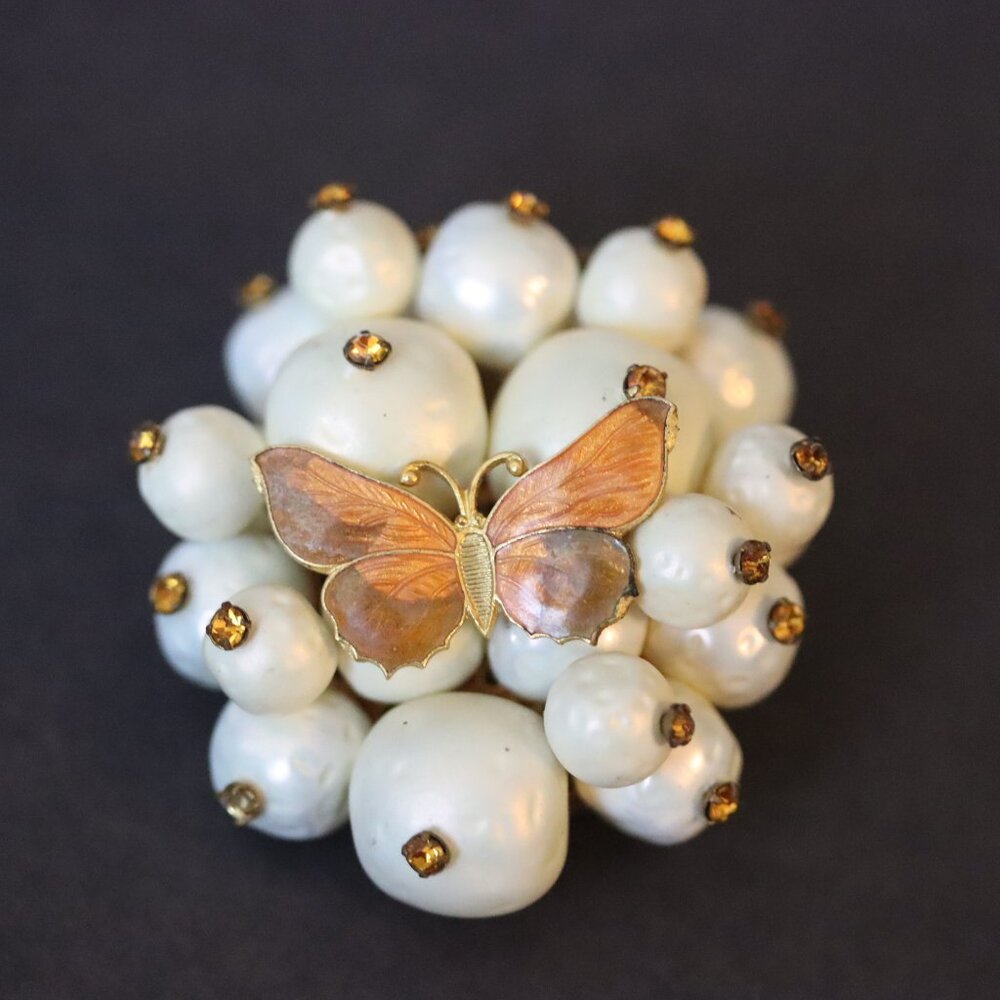 Vintage Signed Hattie Carnegie Round Faux Pearl Brooch Orange Enamel Butterfly